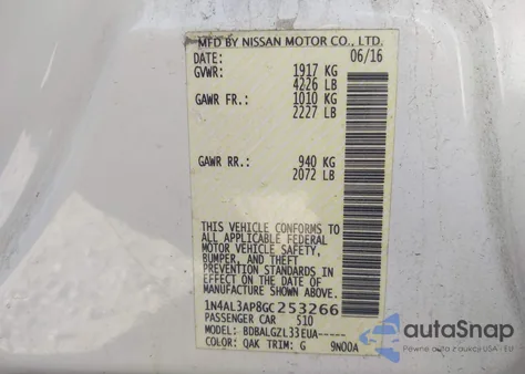 2016 Nissan Altima 2.5/2.5 S/2.5 Sl/2.5 Sr/2.5 Sv z USA, uszkodzony, nr VIN 1N4AL3AP8GC253266